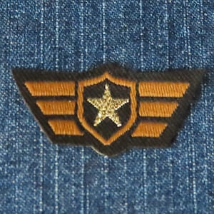 May include: A black and brown embroidered patch with a gold star in the center. The patch features three orange stripes and a shield shape.