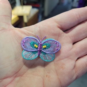 Butterfly Patch Sheer Beaded Iron On Embroidered Applique - Turquoise & Mauve