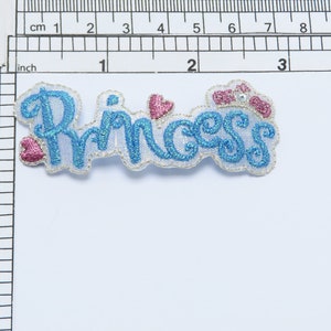 May include: Blue and pink embroidered iron-on patch with the word "Princess" and a crown.