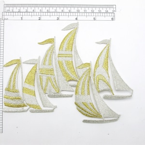 Sail Boats Flotilla  Gold Silver Metallic Iron On Embroidered Patch Applique Measures 7&quot; across x 5 1/2&quot; high