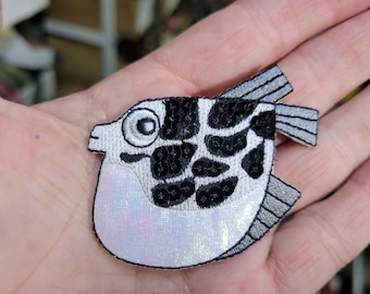 Sequin Fish Iron On Patch: Monochrome Holographic Applique (2 1/2" x 1 3/4")