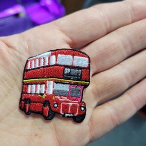Double Decker Bus Patch: Embroidered Iron On Applique (1 1/2" across)