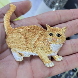 May include: Embroidered patch of a ginger cat with white markings. The cat is depicted in a crouching position with its tail curved upwards. The patch features detailed stitching, including black eyes and a pink nose.