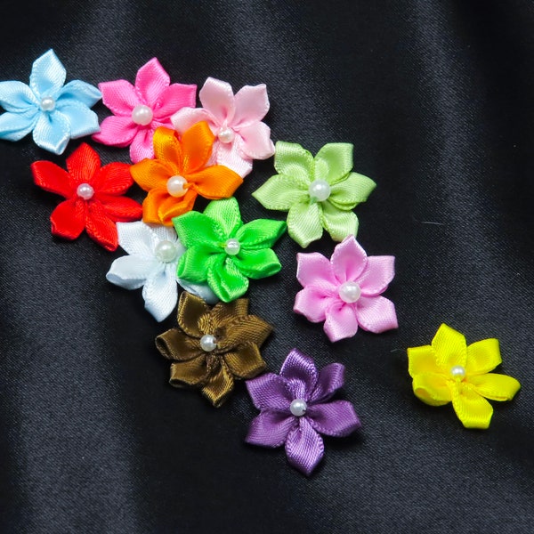 Beaded Satin Ribbon Flowers 3/4" (19mm) 10 pack or 40 pack - Many Colors