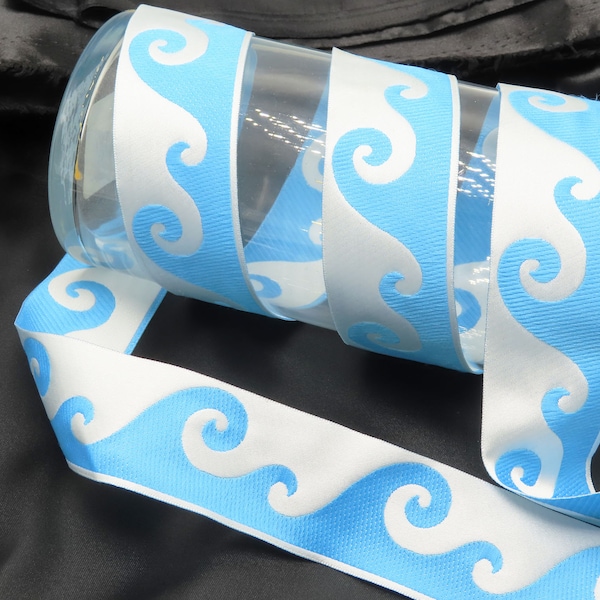 Jacquard Ribbon 1 1/2" 38mm Mythical Waves White & Blue Priced Per Yard reversible Ocean Water Theme Sewing Trim