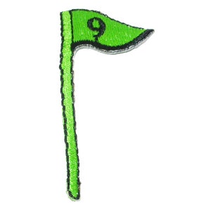 May include: Green golf flag with a black number 9 on it. The flag is attached to a green pole with black stitching.