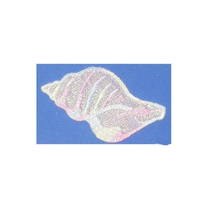 May include: A detailed illustration of a seashell, rendered in a textured style. The shell features a spiral shape with alternating bands of white, pink, and yellow hues. The background is a solid, medium-toned blue.