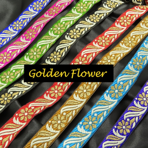 Jacquard Ribbon Metallic 1" 25mm The Golden Flower Per Yard