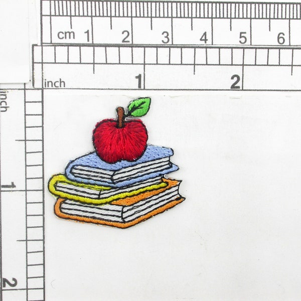 School  Books & Apple Iron On Patch Applique    Embroidered on White Backing   Measures 1 3/8" high x 1 3/8" wide approximately