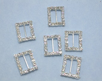 Mini Slide Buckles with Crystal Rhinestones - Ribbon Sliders Rectangle 1/2" x 5/8" (13mm x 16mm) Bar 3/8" 10mm  Set of 6