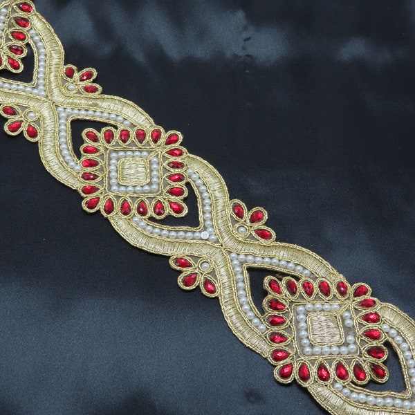 Beaded Sari Saree Bollywood Border Embroidered  2 5/8" (67mm) Per Meter Red