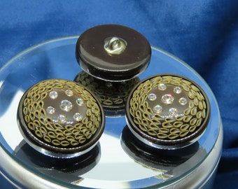 Button - Chunky Brown Round with Clear Crystal Set center Metal Shank Button 27.9mm per piece
