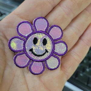 Sparkle Smile Daisy Purple Iron On Patch Applique Measures 1 7/8" across & high