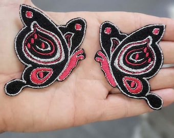 Side Butterfly Patch Pair Silver & Red  2 7/8" x 2 1/8" each piece  71mm x 54mm