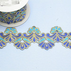 Embroidered Saree Border Blue Grand Bloom 92mm 3 5/8 wide" Iron On 34" Remnant