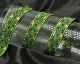 Jacquard Ribbon Green Gold 7/8" (22mm) Metallic Medieval style Priced per yard