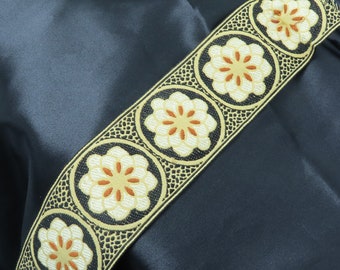 Jacquard Ribbon 2 1/2" 63mm Zinnia Black & Tan Per Yard Floral Woven Sewing Border