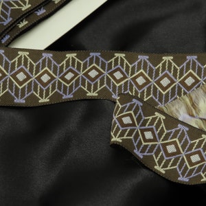 Jacquard Ribbon 1 1/2&quot; (38mm) Geometric Cubes in Brown Lavender and Tan Priced Per Yard