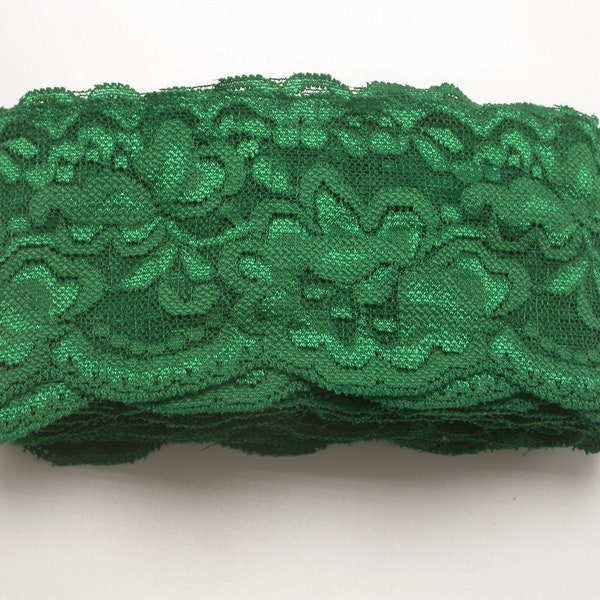 Floral Stretch Lace 2 7/8" (73mm) 3 Yards - Soft with Mylar Forest Green