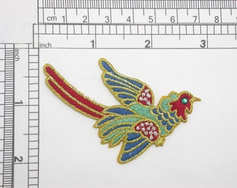 Pheasant w Gem Eye Iron On Embroidered Applique  2 7/8" across x 1 7/8" high approximately