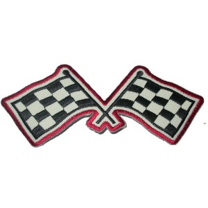Checkered Flag  with Red Border iron On Patch  Measures 4 7/8&quot; across x 2&quot; high