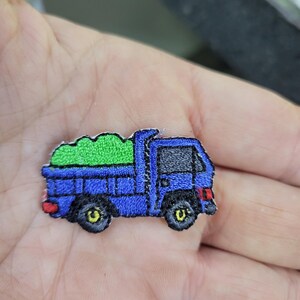 Dumper Truck Patch Blue   Fully Embroidered Measures  1 1/2" x 7/8"