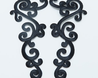 Black Swirl Patch 8" Iron On Embroidered Applique - Large Decorative Pair
