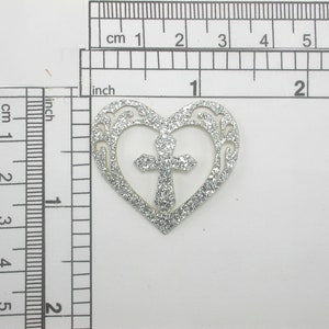 Heart Patch w cross Sparkly Metallic Silver  Iron On Patch Applique