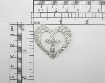 Heart Patch w cross Sparkly Metallic Silver  Iron On Patch Applique