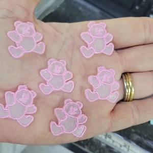 Mini Pink Bear Iron-On Appliques - Sheer Embroidered Patch (6 Pack)