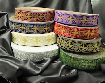 Jacquard Ribbon 1 1/2" (38mm) Excelsis *Colors* Priced Per Yard Woven Liturgical Border Metallic