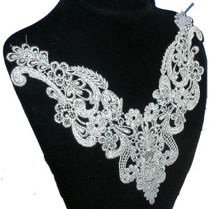 Venice Lace Yoke Applique Metallic Silver  Large 10&quot; x 10&quot; approx