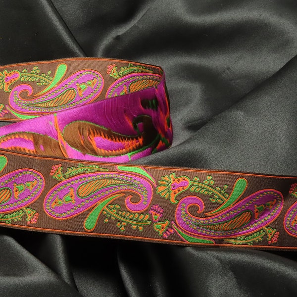 Jacquard Ribbon 1 1/2" Paisley Brown Orange Fuchsia & Green  - selling by the yard 100% Polyester