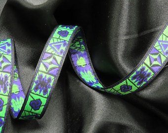 Jacquard Ribbon 5/8" 16mm African Symbols Lime & Purple  5 Yards