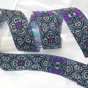 Jacquard Ribbon 1 5/8" (41mm) Viola Turchese & Argento prezzo tagliato a misura