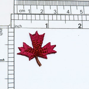 Op de afbeelding: Een rode vilt applique in de vorm van een esdoornblad met een bruine steel. Het blad is ongeveer 2,5 cm breed.