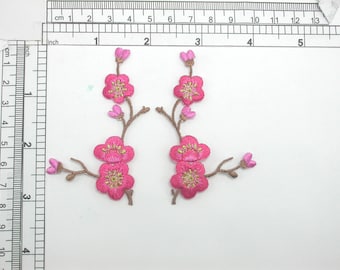 Cherry Blossom Patch Left and Right Embroidered Iron On Appliques  3" high x 1 7/8" each piece