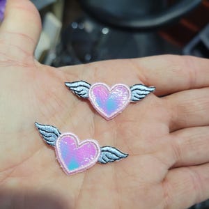Pink Heart with Wings Embroidered Iron On Applique 2 pack