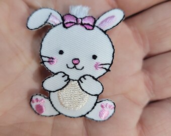 White Bunny Rabbit Iron On Applique, Embroidered Patch (38mm x 44mm)
