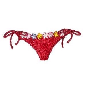 May include: Red crocheted bikini bottom with colorful star embellishments.