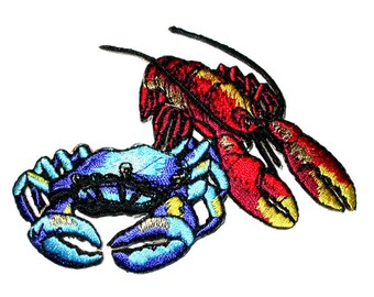 Crab & Lobster Iron On Patch Embroidered Applique 3 1/2" x 2 1/2" (88mm x 63mm)