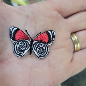 May include: Embroidered butterfly patch with red, black, and white details. The butterfly has red upper wings with black and white striped edges. The lower wings are white with a black and white swirl design. This patch is ideal for adding to clothing or accessories.