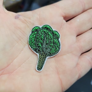 May include: Embroidered patch in the shape of a green broccoli floret with a white border. The patch has detailed stitching, showcasing the texture of the vegetable. The stem is a light green color.
