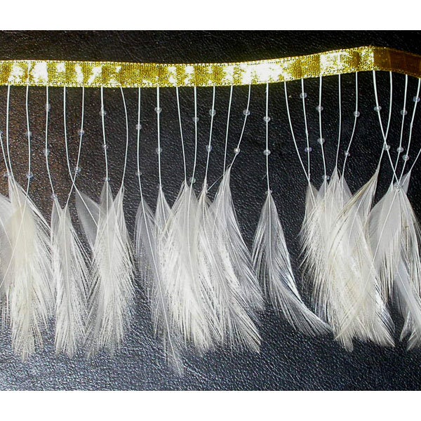 Exotic Feather Beaded Fringe 4" Conso 20's style Glam On a 3/8" Satin Ribbon Header per yard