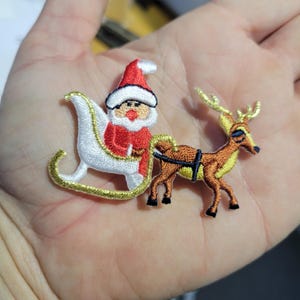 Santa with Sleigh Embroidered Iron On Patch, Metallic Gold Thread