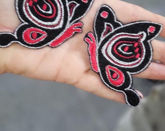 Side Butterfly Patch Pair Silver & Red  3 1/2" x 2 5/8" each piece  71mm x 54mm