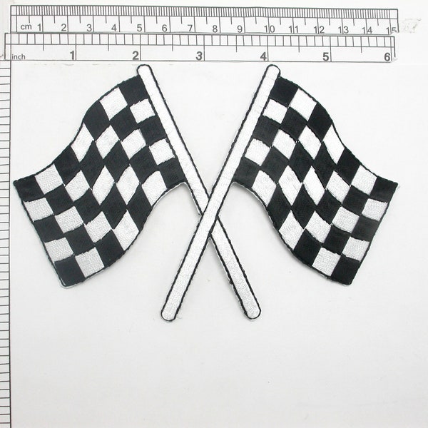 Checkered Flag Large 6"x 4 1/4" Iron On Embroidered Applique