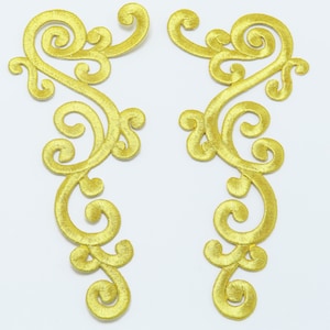 Swirl Pair Patch Iron On Embroidered Applique - Large Decorative Pair Metallic Gold