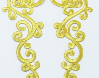 Swirl Pair Patch Aufnäher Aufnäher Bestickte Applikation - Großes Dekoratives Paar Metallic Gold