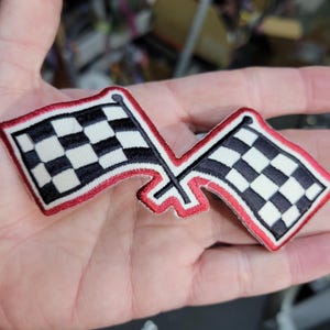 Checkered Flag Iron On Patch with Red Border (4 7/8 x 2")